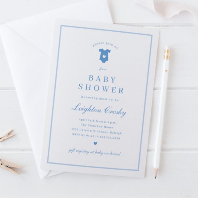 Invitación Chupinada de bebé azul tipografía elegante simple (Simple Classic Typography Blue Baby Shower Invitation.)