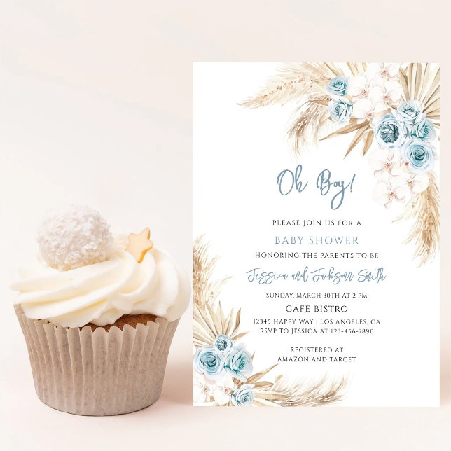 Invitación Chupinada de Bebé Blue Boho Pampas Grass (Subido por el creador)