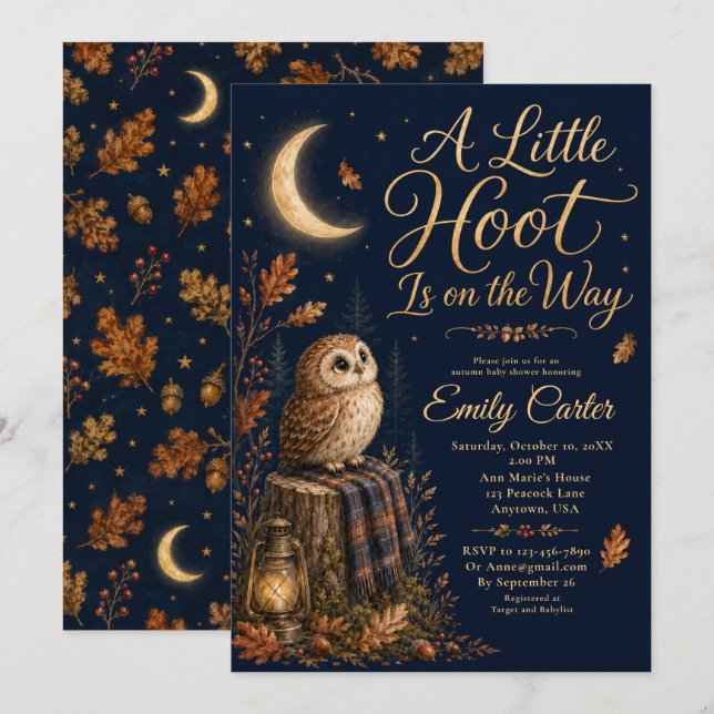Invitación Chupinada de Bebe Bosque Otoñal Búho (Anverso / Reverso)