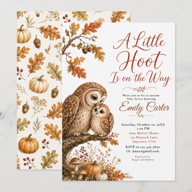 Invitación Chupinada de Bebe Bosque Otoñal Búho (Anverso / Reverso)