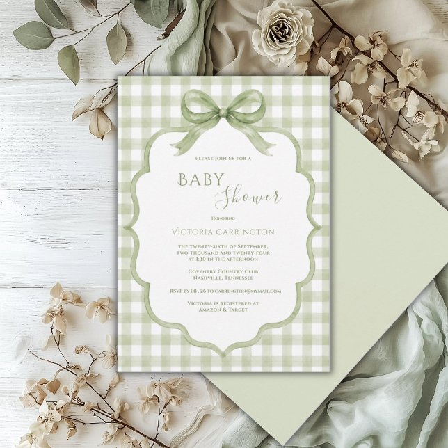 Invitación Chupinada de bebé caprichosa de Gingham Verde Blan (Subido por el creador)