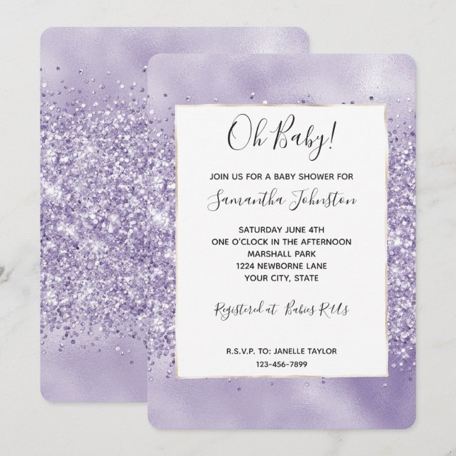 Invitación Chupinada de bebé con brillo purpura (Anverso / Reverso)
