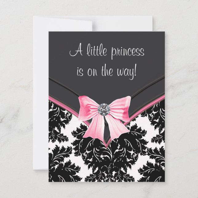 Invitación Chupinada de bebé con damasco rosa y negro (Anverso)