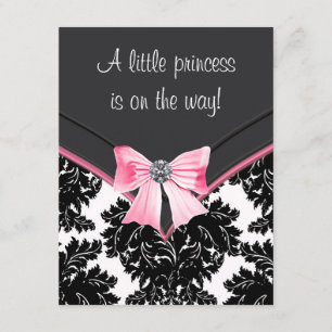 Invitación Chupinada de bebé con damasco rosa y negro