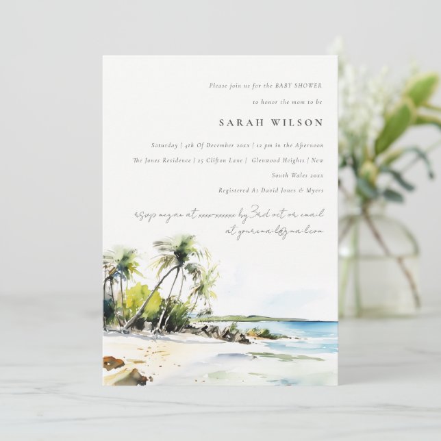 Invitación Chupinada de bebé con destino costero tropical (Anverso de pie)