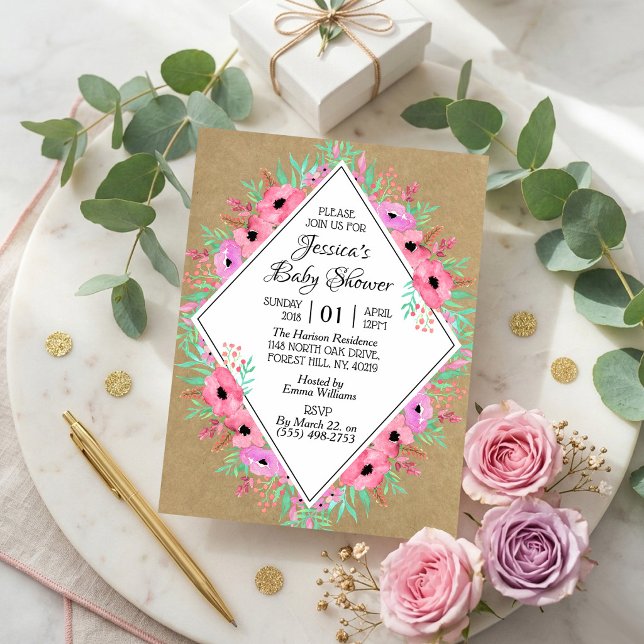 Invitación Chupinada de Bebé con Flores Kraft Rústicas y Acua (Subido por el creador)