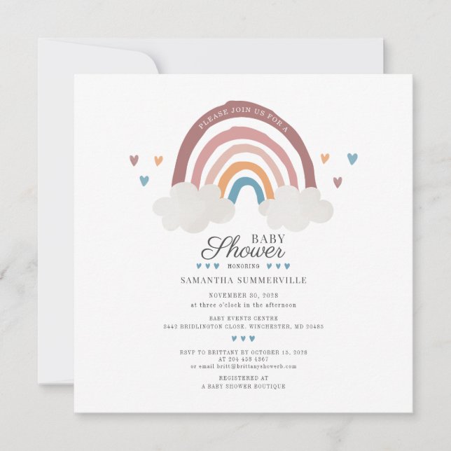 Invitación Chupinada de Bebé con Letra Script y Acuarela Arco (Anverso)