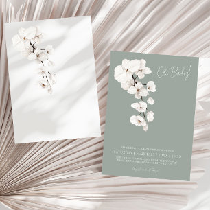 Invitación Chupinada de bebé con orquídea blanca y verde salv