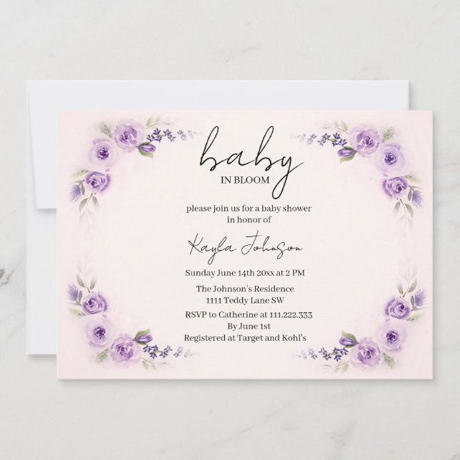 Invitación Chupinada de bebé con rosa lavanda (Anverso)