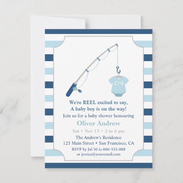 Invitación Chupinada de bebé con tema de pesca moderna y ador (Anverso)