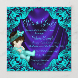 Invitación Chupinada de bebé con tonos púrpura y azul turques