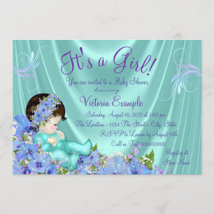 Invitación Chupinada de bebé con tonos púrpura y azul turques
