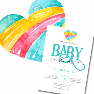 Invitación Chupinada de Bebé Corazón Arcoíris Colorido Neutro