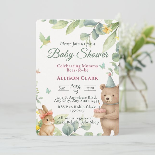 Invitación Chupinada de bebé de animales del bosque con acuar (Anverso de pie)
