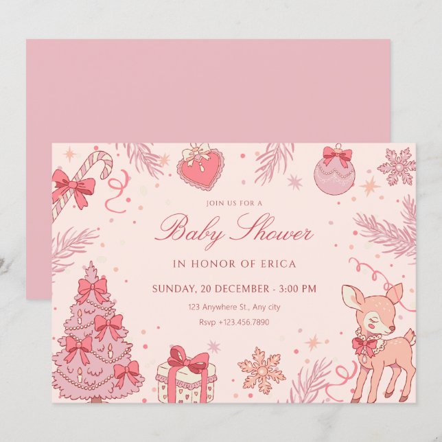 Invitación Chupinada de bebé de invierno rosa linda (Anverso / Reverso)