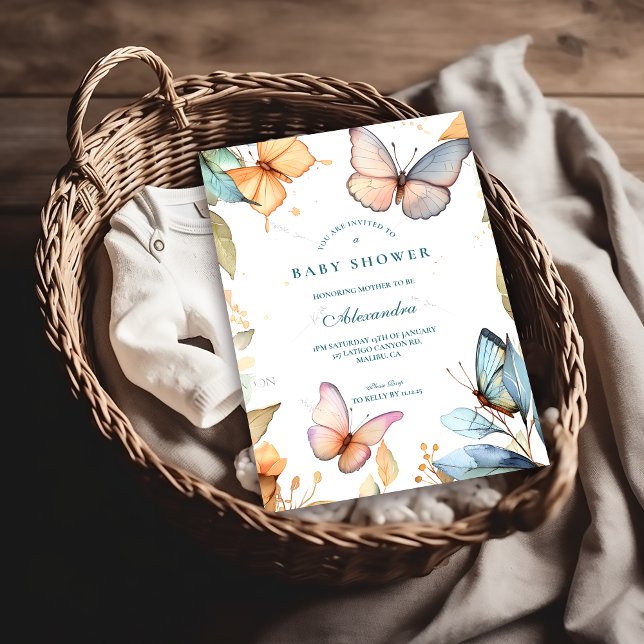 Invitación Chupinada de Bebé de Mariposa con Acuarela Suave (Subido por el creador)