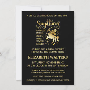 Invitación Chupinada de bebé del zodiaco Sagitario en oro y n