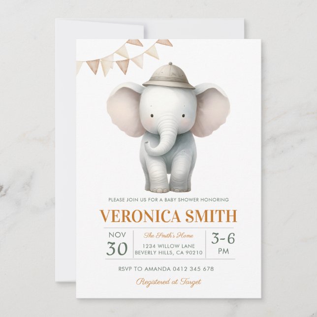 Invitación Chupinada de bebé elefante sin género (Anverso)
