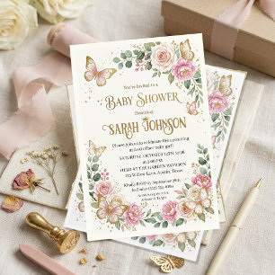 Invitación Chupinada de Bebé Elegante Mariposa Dorada y Flora