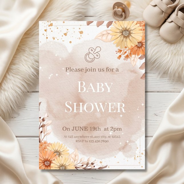 Invitación Chupinada de bebé floral beige elegante (Subido por el creador)