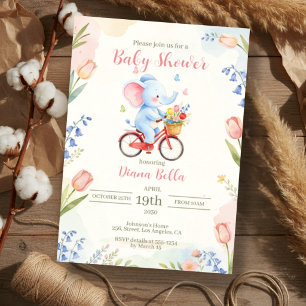 Invitación Chupinada de bebé floral con elefante en bicicleta