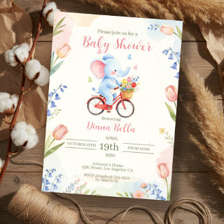 Invitación Chupinada de bebé floral con elefante en bicicleta
