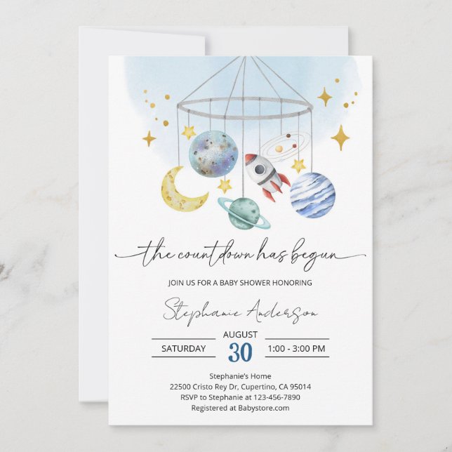 Invitación Chupinada de bebé Galaxia Espacio Azul (Anverso)