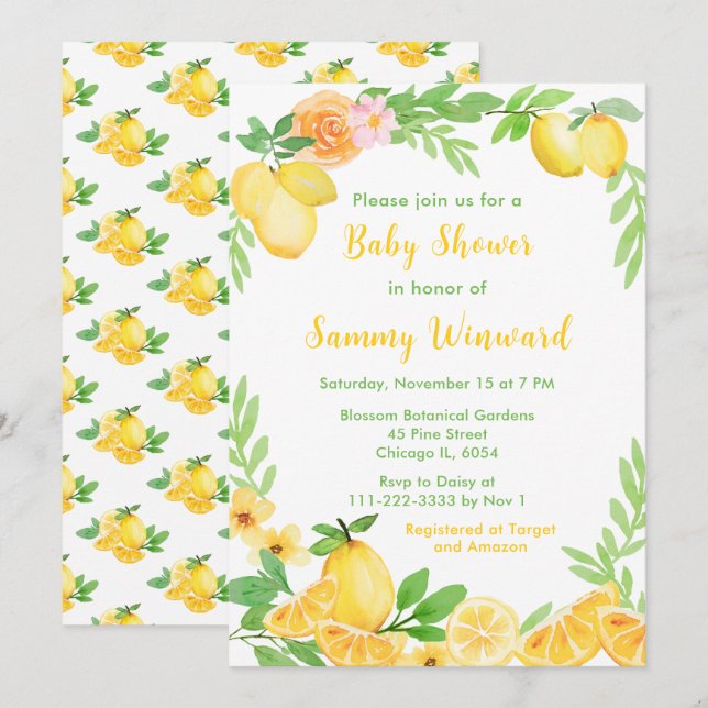 Invitación Chupinada de Bebé Limones y Verdor (Anverso / Reverso)