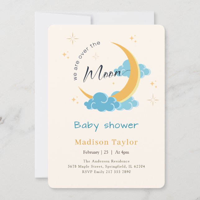 Invitación Chupinada de Bebé Luna Celestial y Estrellas (Anverso)