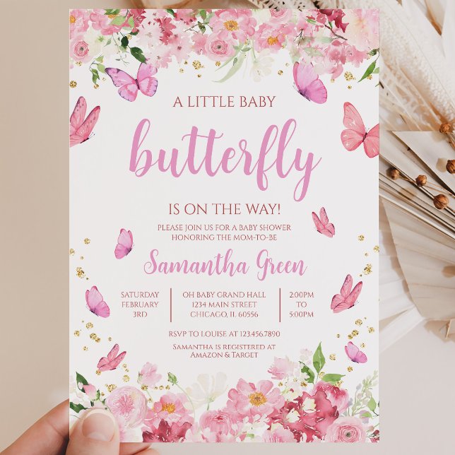 Invitación Chupinada de Bebé Mariposa Floral Rosa (Subido por el creador)