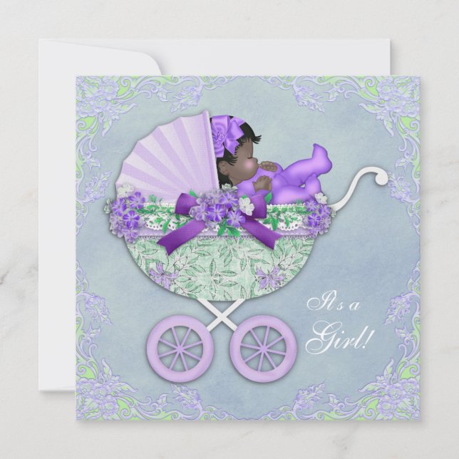 Invitación Chupinada de bebé negra con temas de morado y verd (Anverso)