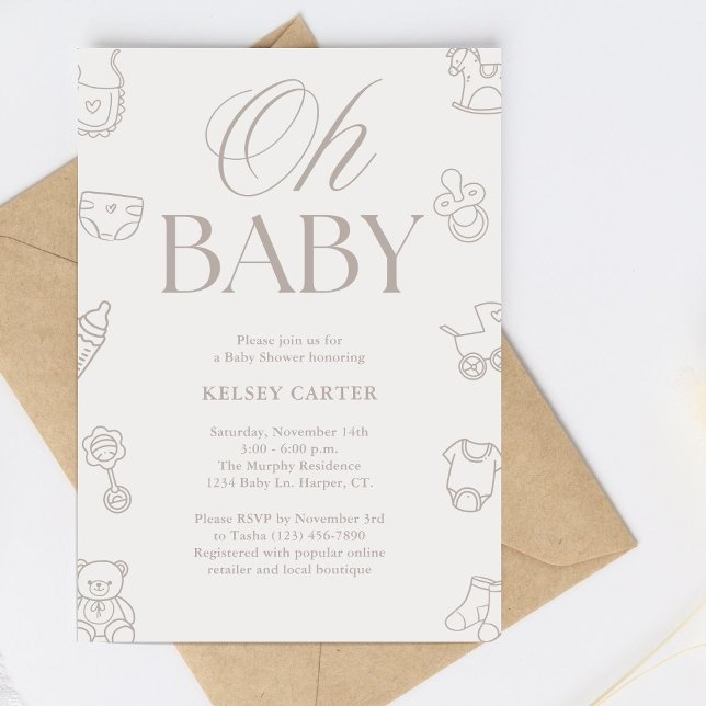 Invitación Chupinada de bebé neutral en beige dibujada a mano (Subido por el creador)