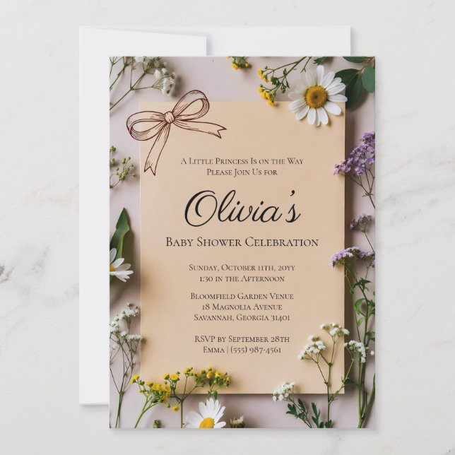 Invitación Chupinada de Bebé Princesita Flor Silvestre Rústic (Anverso)