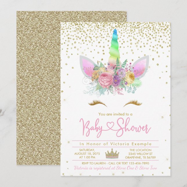 Invitación Chupinada de Bebé Unicornio Arcoíris (Anverso / Reverso)