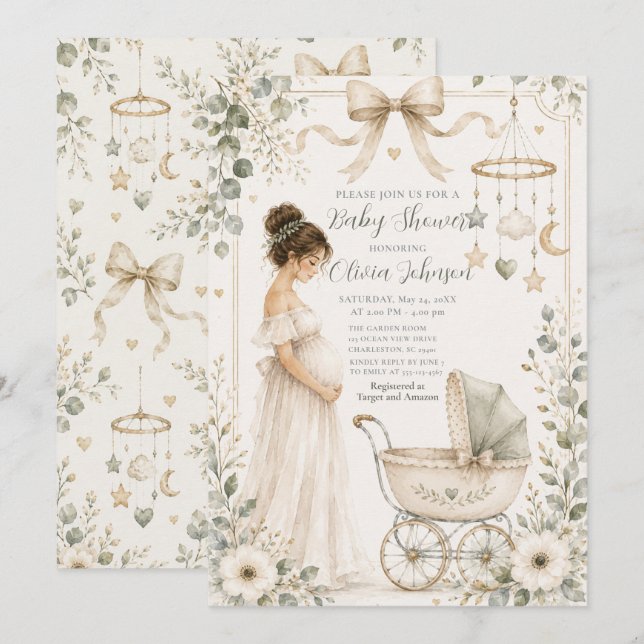 Invitación Chupinada de bebé verde neutral (Anverso / Reverso)