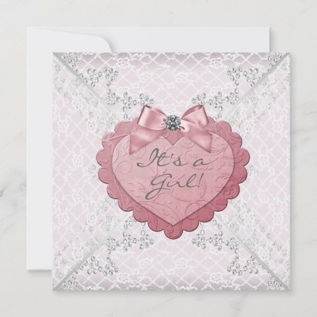 Invitación Chupinada de corazón rosa encaje blanco bebé (Anverso)