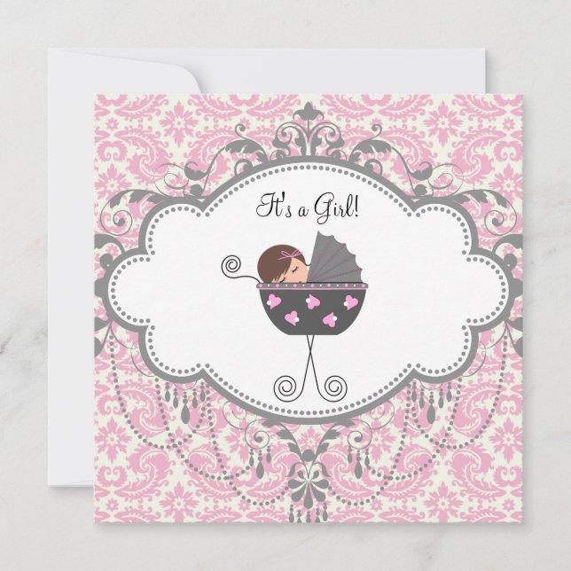 Invitación Chupinada de damasco rosa y gris para bebé (Anverso)