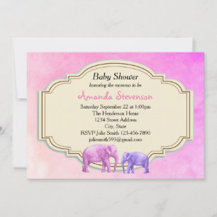 Invitación Chupinada de elefante con acuarela rosa y púrpura 