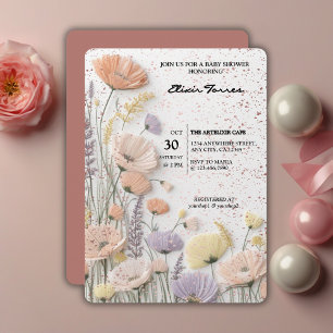 Invitación Chupinada de flores silvestres prensadas rosadas