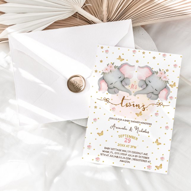 Invitación Chupinada de gemelas bebé Elefante Rosa (Subido por el creador)