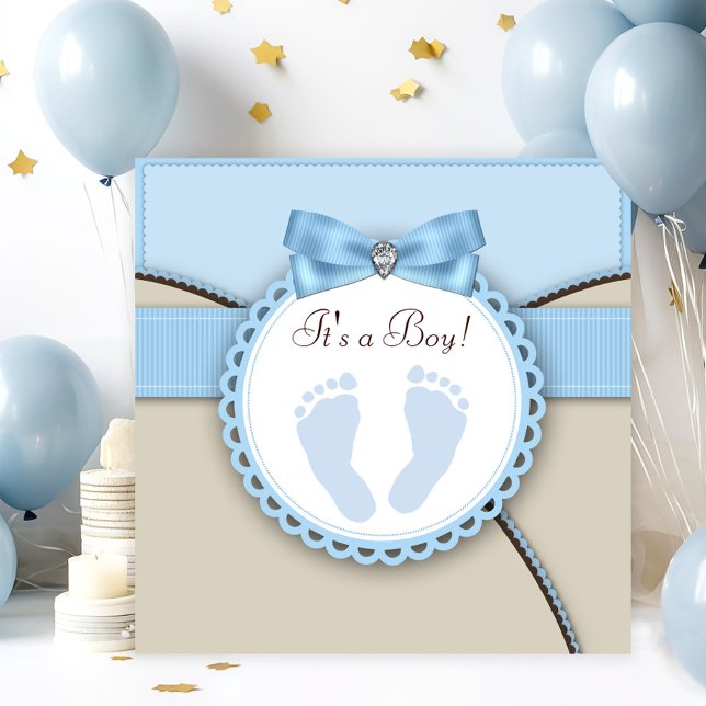 Invitación Chupinada de Huellas Marrones y Azules para Bebé (Subido por el creador)