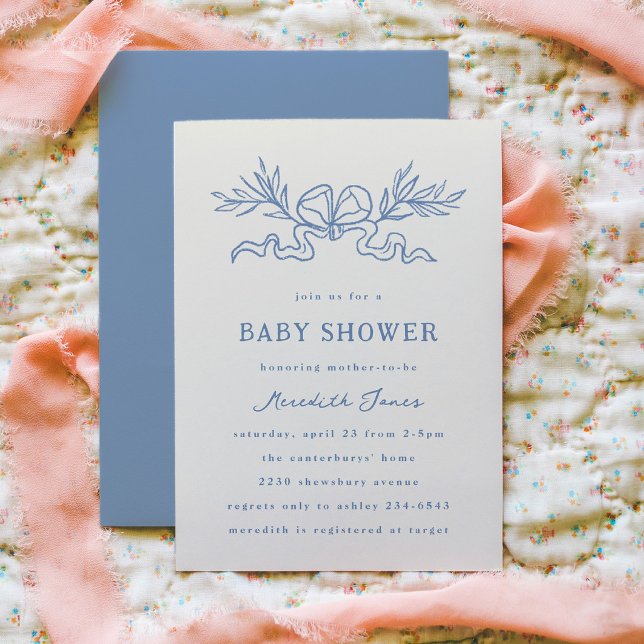 Invitación Chupinada de lazo botánico azul para bebé (Blue Botanical Ribbon Baby Shower Invitation)