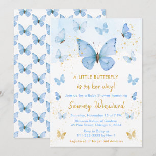 Invitación Chupinada de Mariposa Azul y Dorada para Bebe
