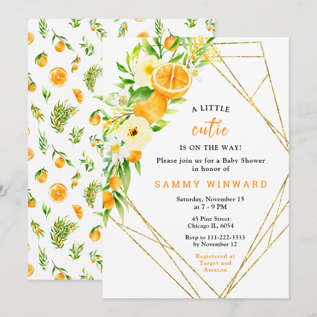 Invitación Chupinada de Naranjas y Flores para Bebé (Anverso / Reverso)