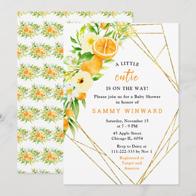 Invitación Chupinada de Naranjas y Flores para Bebé (Anverso / Reverso)