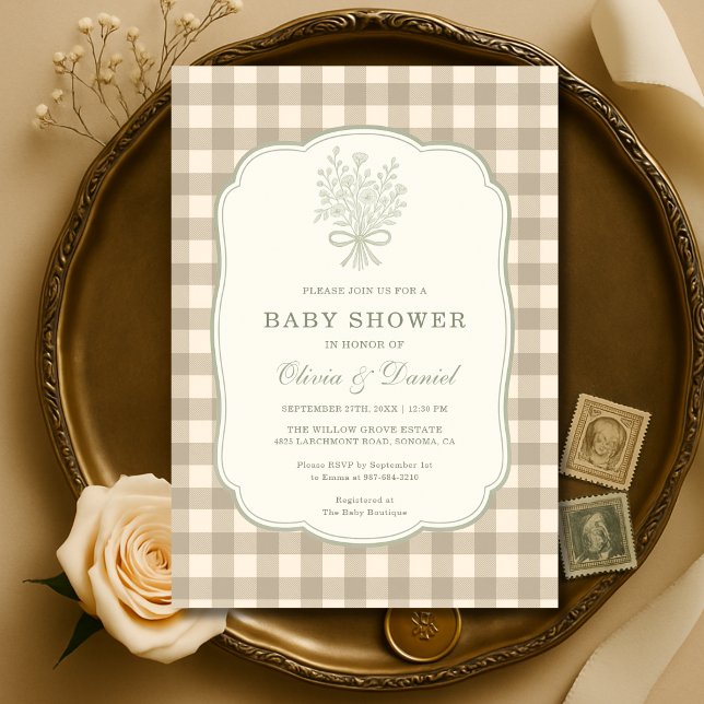 Invitación Chupinada de parejas con lazo floral de gingham ne (Subido por el creador)