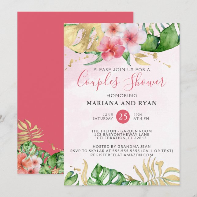 Invitación Chupinada de parejas de flores tropicales modernas (Anverso / Reverso)