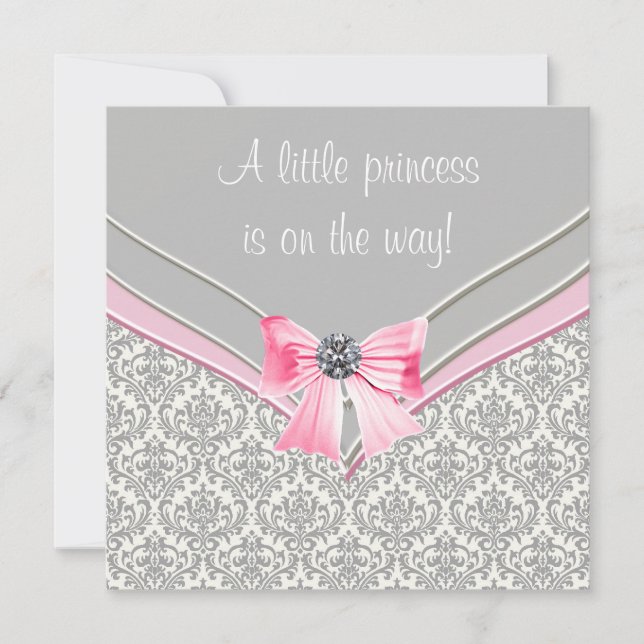 Invitación Chupinada de princesa bebé con lazo rosa y damasco (Anverso)