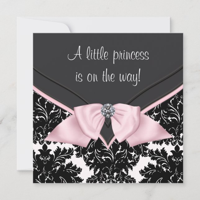 Invitación Chupinada de princesa con lazo rosa y damasco negr (Anverso)