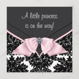 Invitación Chupinada de princesa con lazo rosa y damasco negr